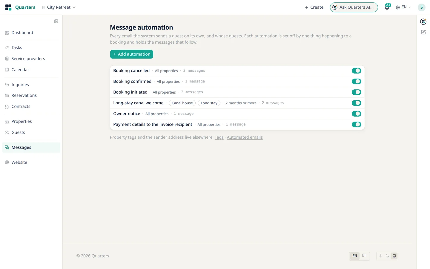 The message automations: six emails sent on their own, each set off by something happening to a booking, with the properties it covers, how many messages it holds and a switch to turn it off.
